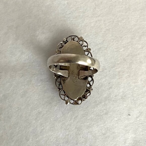 VTG Sterling Silver 925 Elongated Foil Opal Filigree Scrollwork Ring Sz 4.75 - Picture 6 of 16